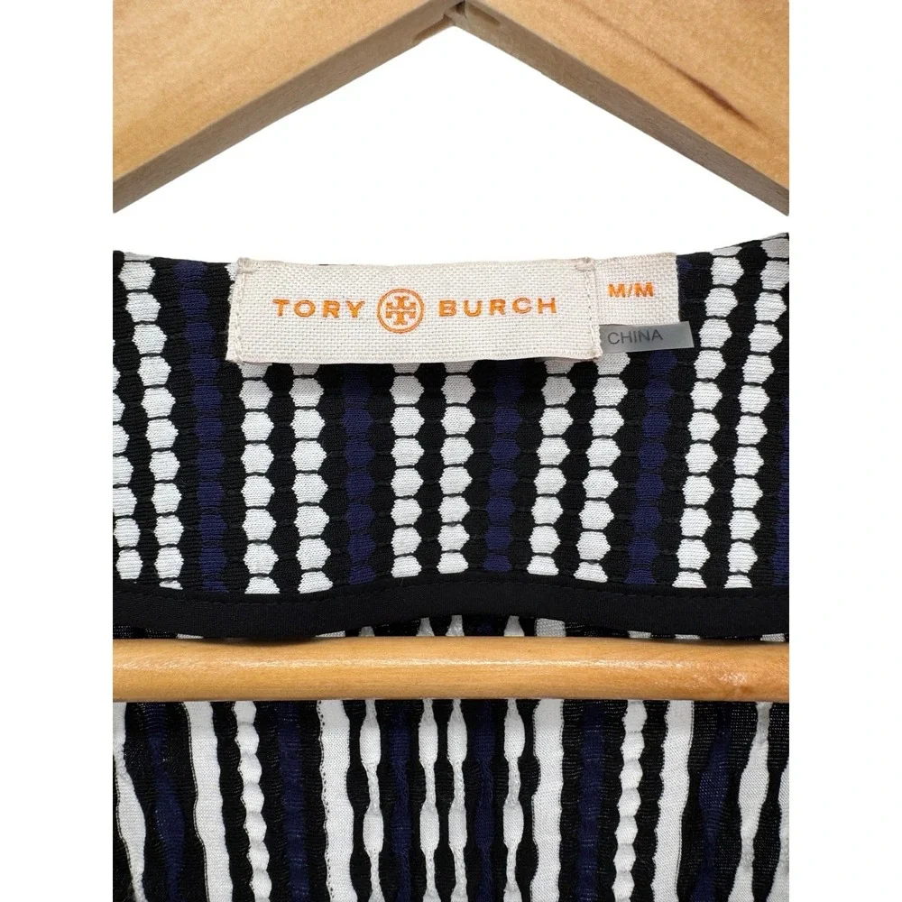 Tory Burch Dress Navy Oxford Stripe Jacquard Wrap Classic Workwear Luxury Size M